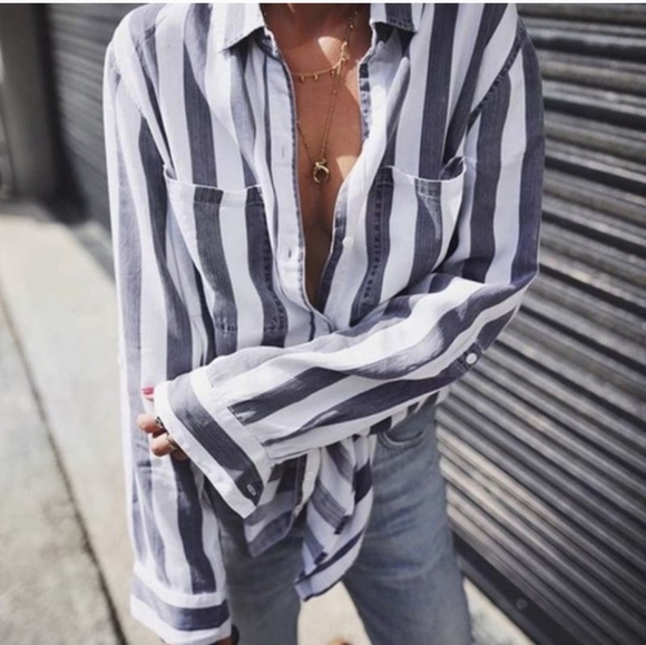 Rails Julian Shirt Dress Lisbon Stripe White Blue Tunic Button Tab Tencel SZ S - Picture 4 of 10